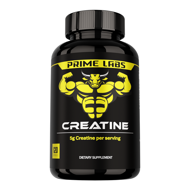 Front view of Prime Labs Creatine bottle, black and yellow label, 120 capsules, 5g per serving — how long creatine takes to work