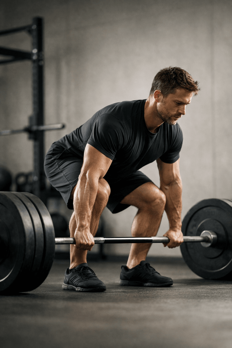 Athletic man in black gym gear setting up for a heavy barbell deadlift — evidence-based exercise to raise testosterone naturally