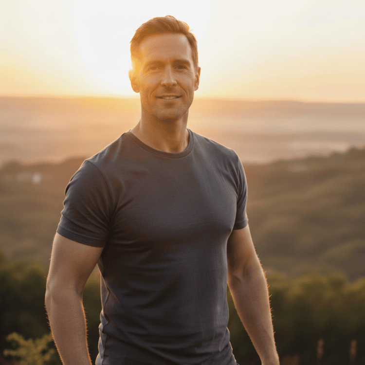 Smiling man in a gray tee outdoors at sunset over rolling hills — the real benefits of horny goat weed for men's vitality