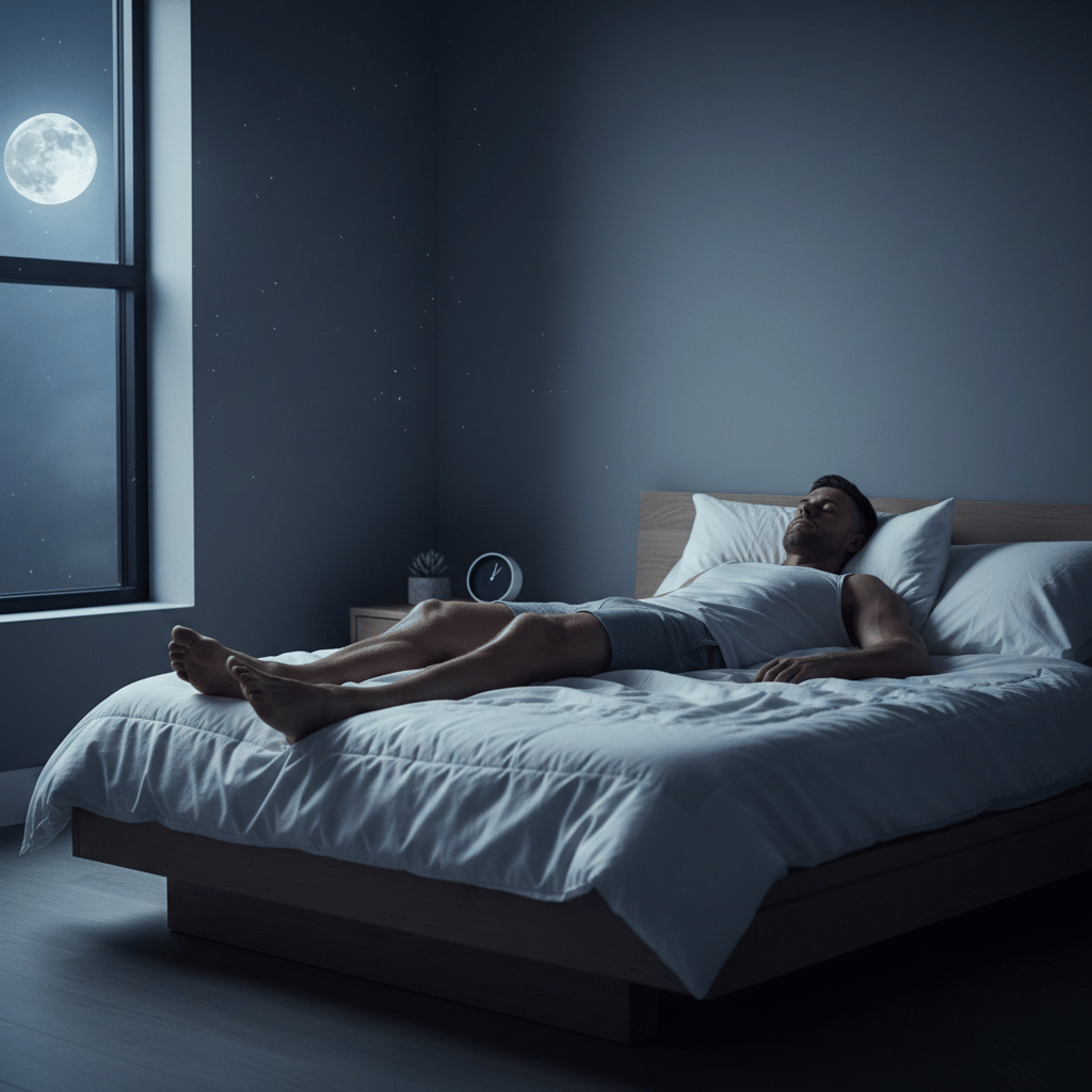 Man sleeping peacefully in white bedding as a full moon glows through the window — how quality sleep affects testosterone levels in men