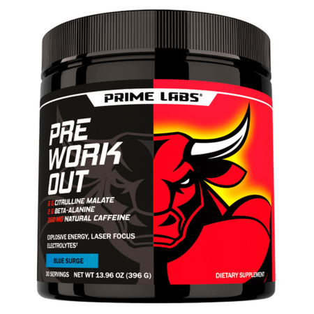Prime Labs Pre Workout Powder tub, Blue Surge flavor with red bull mascot, label reading 6g citrulline malate, 2g beta-alanine and 250mg natural caffeine