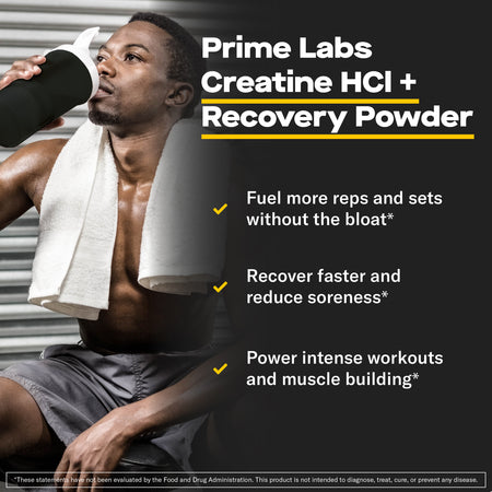 Shirtless man with a towel drinking from a shaker beside callouts for bloat-free reps, faster recovery and intense workouts for Prime Labs Creatine HCl + Recovery Powder