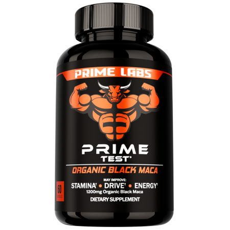 Prime Labs Prime Test Organic Black Maca 60-capsule black bottle with orange bull mascot, 1200mg organic black maca