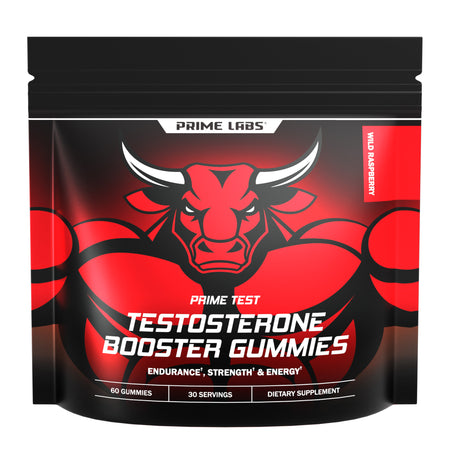 Prime Labs Prime Test Testosterone Booster Gummies black pouch with red bull mascot, Wild Raspberry, 60 gummies, labeled endurance, strength and energy