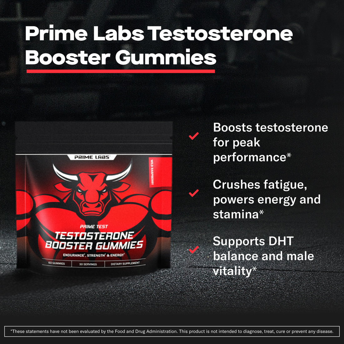 Prime Labs Testosterone Booster Gummies pouch beside an infographic with callouts for energy and daily performance