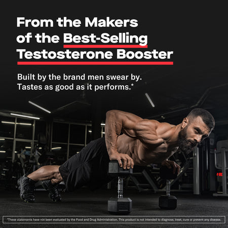 Prime Labs Testosterone Gummies graphic, a bearded man doing dumbbell push-ups in a gym, headline From the makers of the best-selling testosterone booster