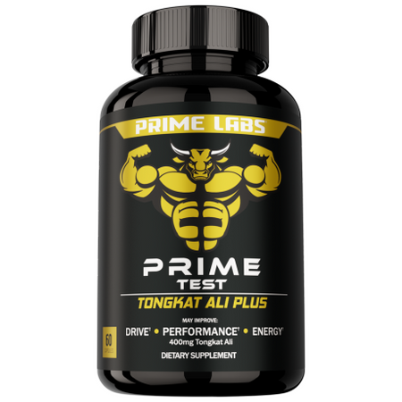 Prime Labs Prime Test Tongkat Ali Plus 60-capsule black bottle with gold bull mascot, label reading performance, energy and 400mg Tongkat Ali