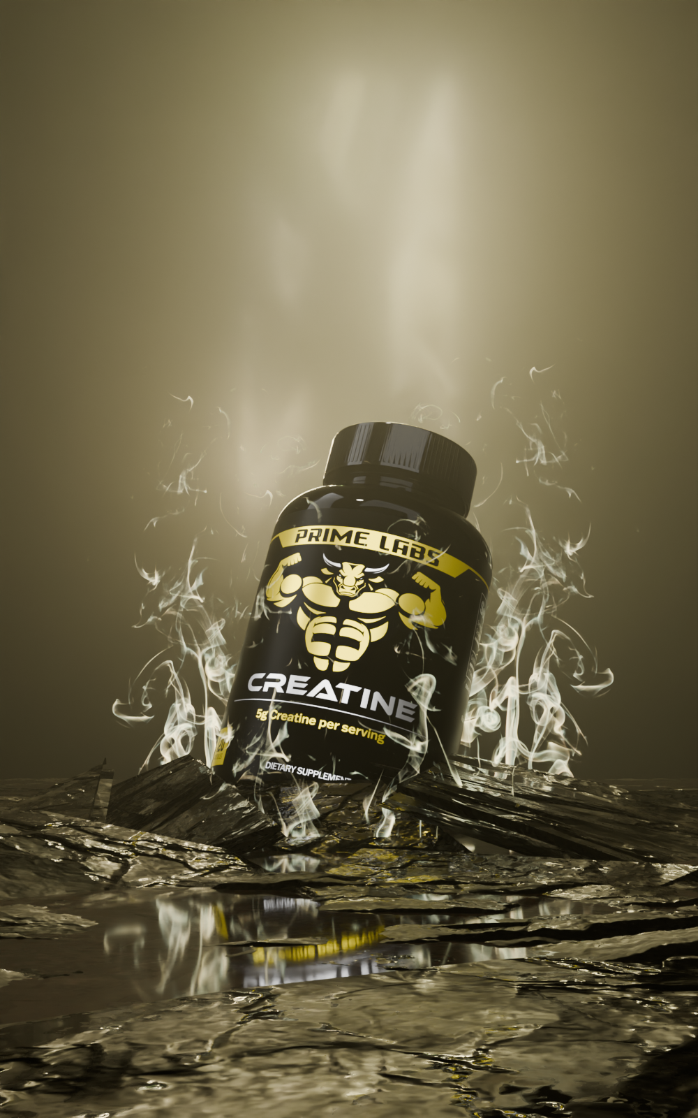 Prime Labs Creatine bottle on cracked rock with swirling smoke and dramatic lighting — the different types of creatine explained