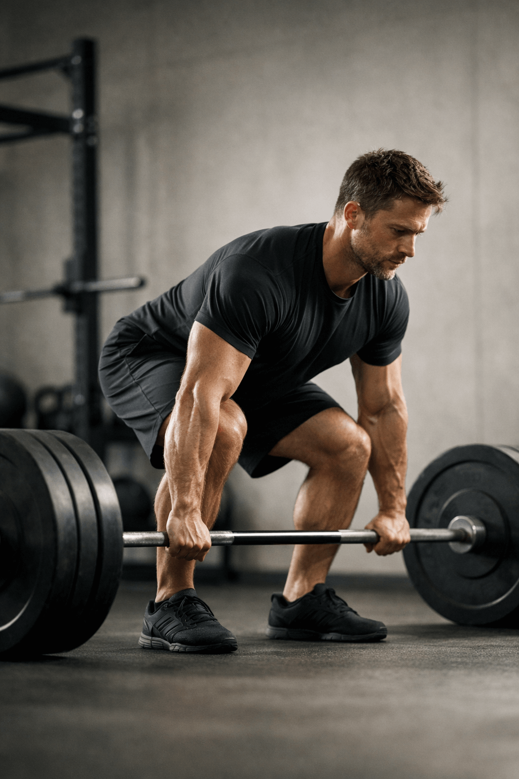 Athletic man in black gym gear setting up for a heavy barbell deadlift — evidence-based exercise to raise testosterone naturally