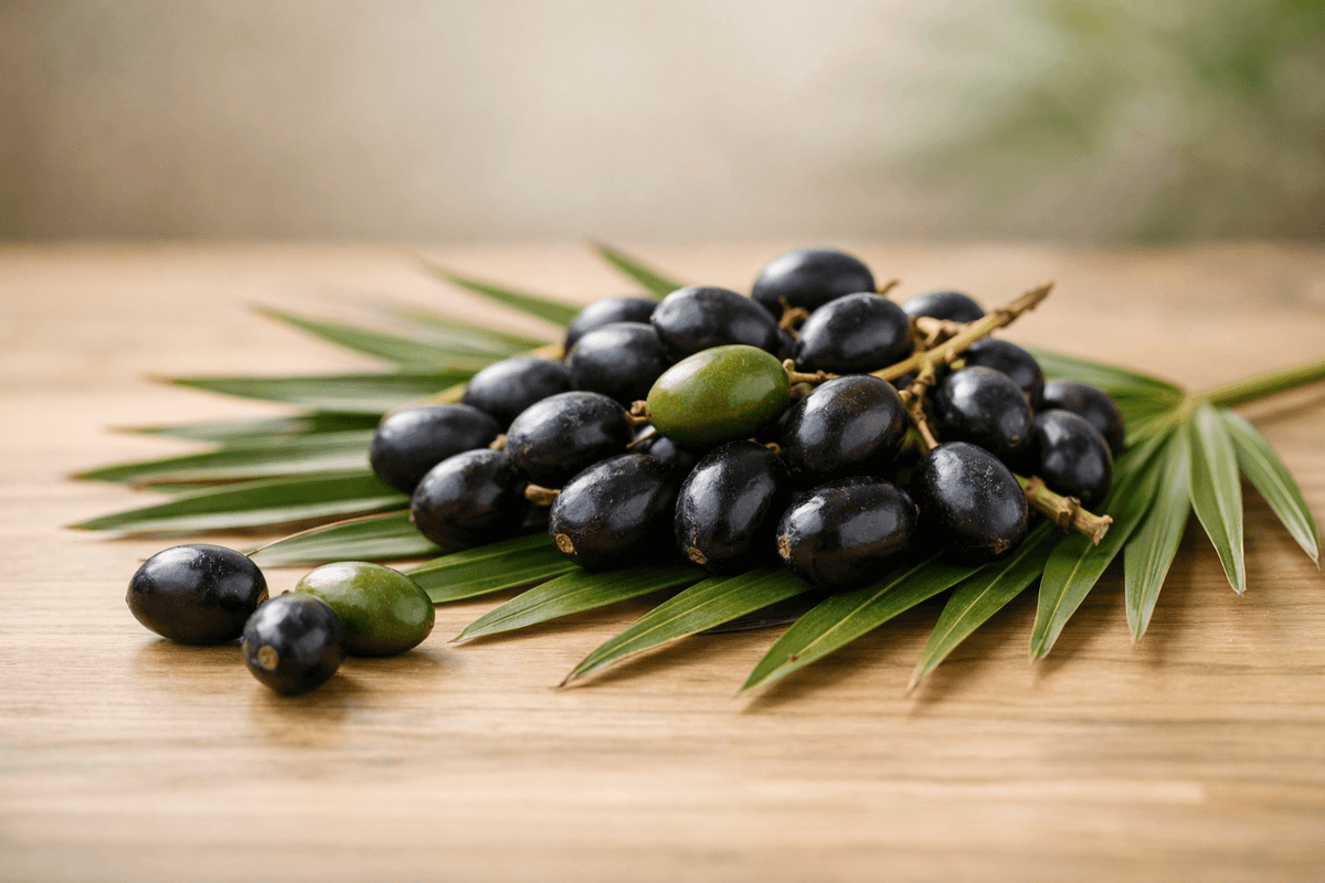 Cluster of ripe black and green saw palmetto berries on a palm frond over wood — natural prostate and testosterone support for men