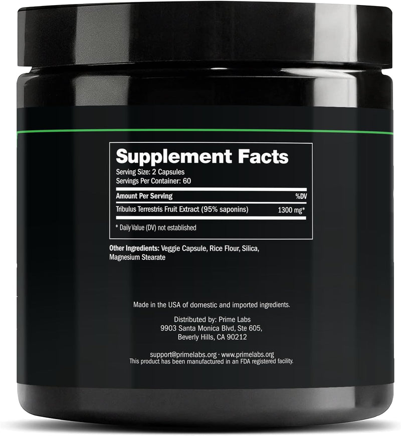 Supplement Facts panel on the back of the Prime Labs Tribulus Terrestris jar listing 1300mg Tribulus fruit extract at 95% saponins