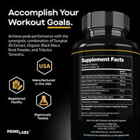 Prime Labs Tongkat Ali Plus Supplement Facts panel with Accomplish Your Workout Goals headline, ingredient list and USA, Registered Facility, Tested badges
