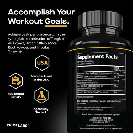 Prime Labs Tongkat Ali Plus Supplement Facts panel with Accomplish Your Workout Goals headline, ingredient list and USA, Registered Facility, Tested badges
