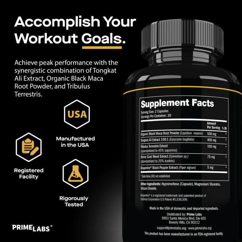 Prime Labs Tongkat Ali Plus Supplement Facts panel with Accomplish Your Workout Goals headline, ingredient list and USA, Registered Facility, Tested badges