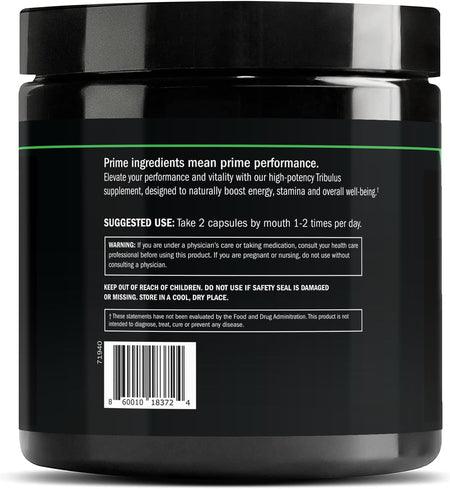Back of the Prime Labs Tribulus jar with suggested use, warnings and barcode, headline Prime ingredients mean prime performance