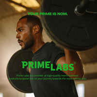 Prime Labs brand lifestyle image of a man squatting a barbell, headline Your Prime is now above the green Prime Labs logo
