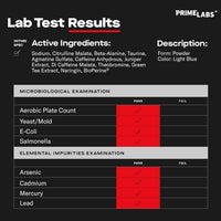 Pre Workout Powder lab test results listing citrulline malate, beta-alanine, taurine, caffeine, green tea and BioPerine, passing microbiological and heavy metal testing