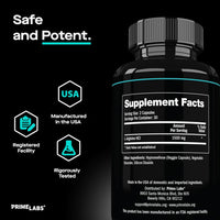 Prime Labs L-Arginine Supplement Facts panel showing 1500mg L-Arginine HCl, Safe and Potent graphic with USA, Registered Facility and Tested badges
