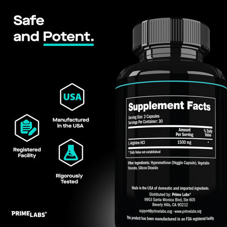 Prime Labs L-Arginine Supplement Facts panel showing 1500mg L-Arginine HCl, Safe and Potent graphic with USA, Registered Facility and Tested badges
