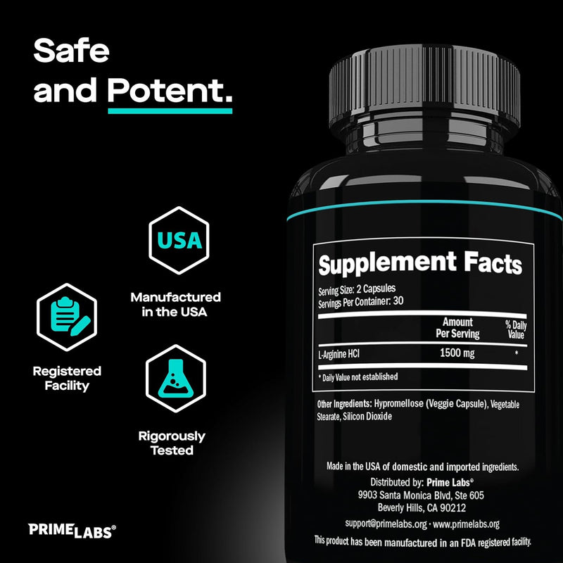 Prime Labs L-Arginine Supplement Facts panel showing 1500mg L-Arginine HCl, Safe and Potent graphic with USA, Registered Facility and Tested badges