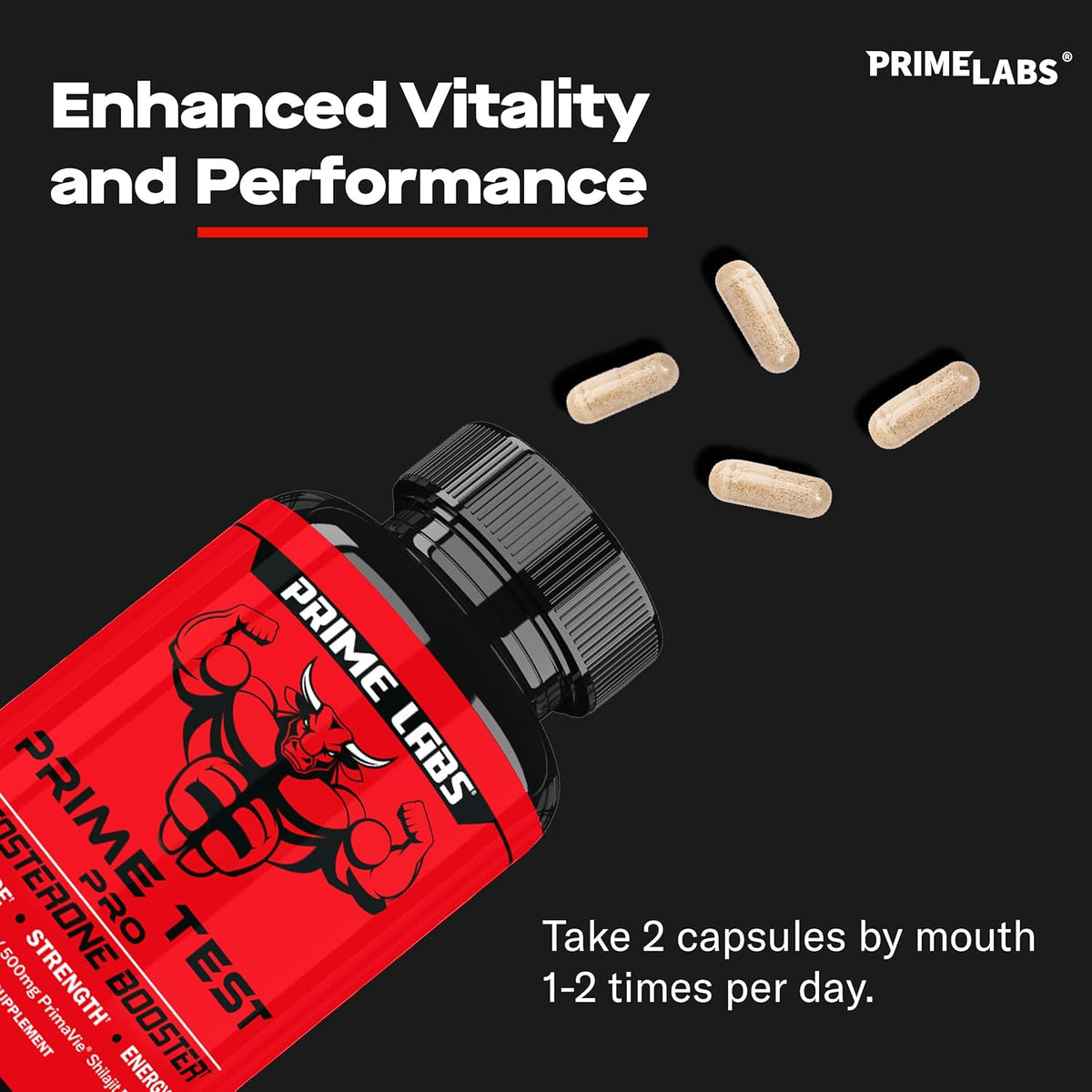Prime Test Pro red bottle on its side with light-brown capsules spilling out beside the note: take 2 capsules by mouth 1 to 2 times per day
