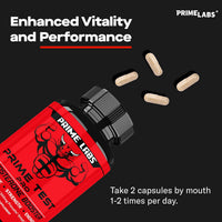 Prime Test Pro red bottle on its side with light-brown capsules spilling out beside the note: take 2 capsules by mouth 1 to 2 times per day