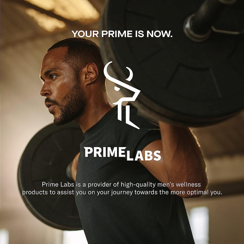 Man performing a barbell back squat in a gym under the headline Your Prime Is Now with the Prime Labs men's wellness logo