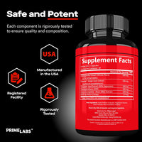 Prime Test Pro Supplement Facts panel headed Safe and Potent, listing ashwagandha, PrimaVie shilajit, fenugreek, DIM, eurycoma longifolia and boron with USA-made badges