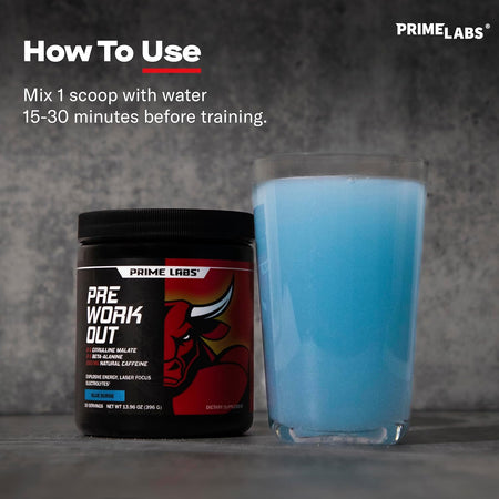 Prime Labs Pre Workout Powder tub beside a glass of mixed blue Blue Surge drink, with note to mix 1 scoop with water 15 to 30 minutes before training