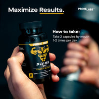 Hand holding the Prime Labs Tongkat Ali Plus bottle, Maximize Results graphic with directions to take 2 capsules 1 to 2 times per day