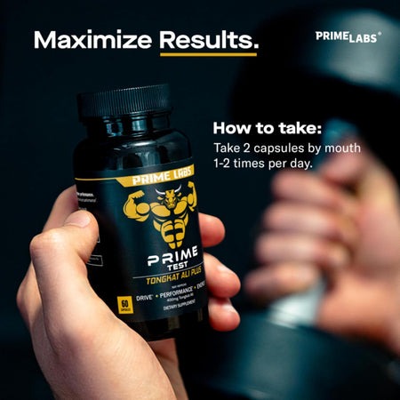 Hand holding the Prime Labs Tongkat Ali Plus bottle, Maximize Results graphic with directions to take 2 capsules 1 to 2 times per day
