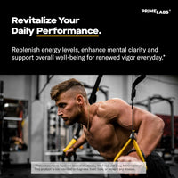 Prime Labs Tongkat Ali graphic, a shirtless man training on suspension straps, headline Revitalize your daily performance and energy