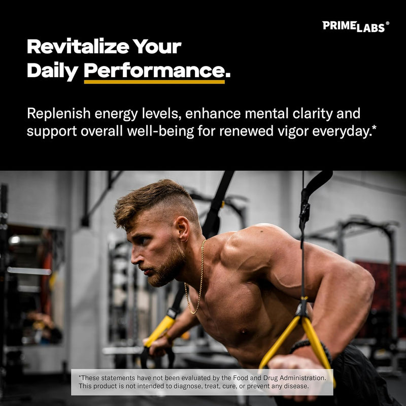 Prime Labs Tongkat Ali graphic, a shirtless man training on suspension straps, headline Revitalize your daily performance and energy