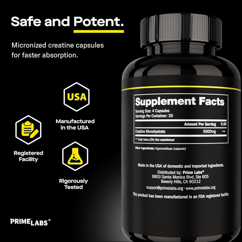 Prime Labs Creatine Supplement Facts panel headed Safe and Potent, listing 5000mg creatine monohydrate per 4-capsule serving, with USA-made badges