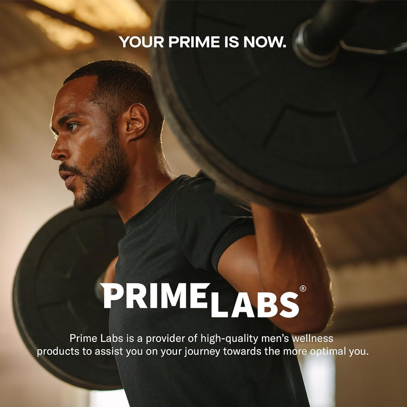 Prime Labs brand lifestyle image of a man squatting a loaded barbell, headline Your Prime is now above the Prime Labs logo
