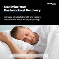 Man sleeping on a white pillow under the headline Maximize Your Post-workout Recovery for Prime Labs Prime Test Night Duty