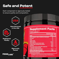 Pre Workout Powder Supplement Facts panel headed Safe and Potent, listing citrulline malate, beta-alanine, taurine, caffeine and green tea, with USA-made badges
