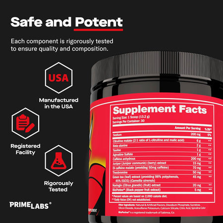 Pre Workout Powder Supplement Facts panel headed Safe and Potent, listing citrulline malate, beta-alanine, taurine, caffeine and green tea, with USA-made badges