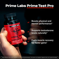 Hand holding Prime Labs Prime Test Pro bottle beside callouts for physical and mental performance, testosterone support and muscle recovery