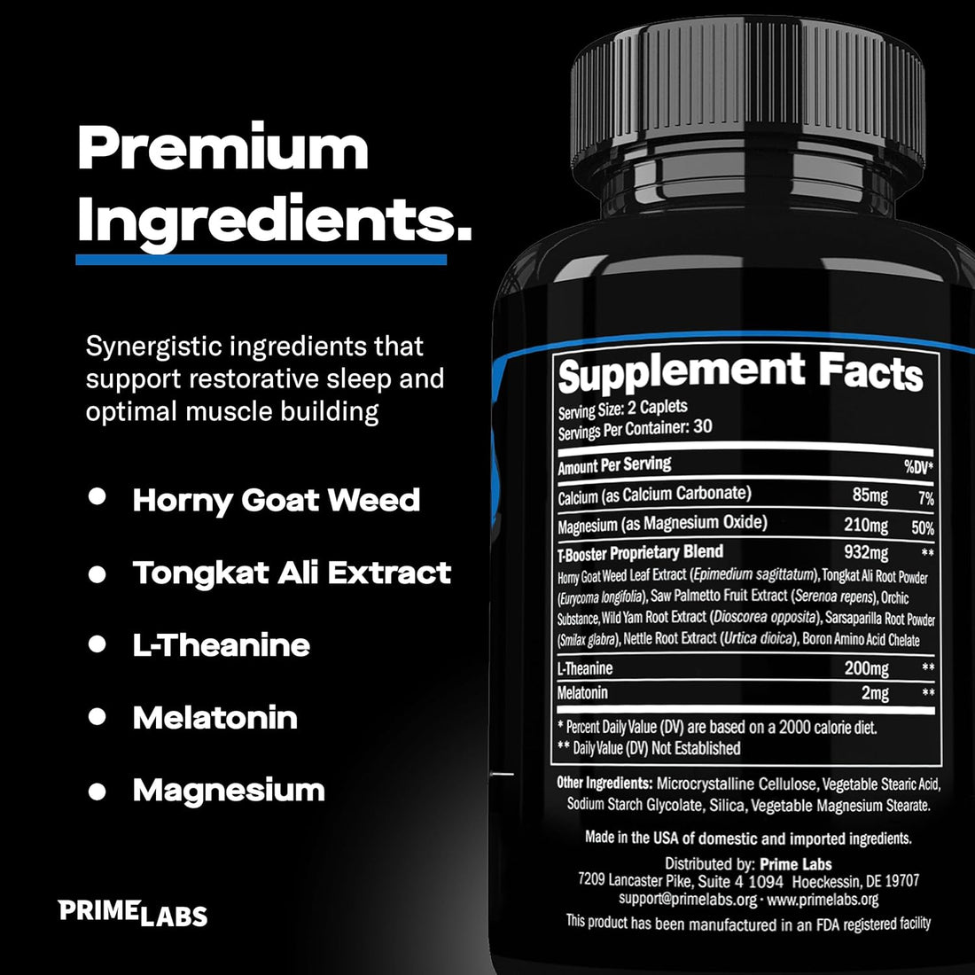 Prime Test Night Duty Supplement Facts panel beside Premium Ingredients callouts for L-Theanine, Melatonin and Magnesium
