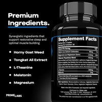 Prime Test Night Duty Supplement Facts panel beside Premium Ingredients callouts for L-Theanine, Melatonin and Magnesium