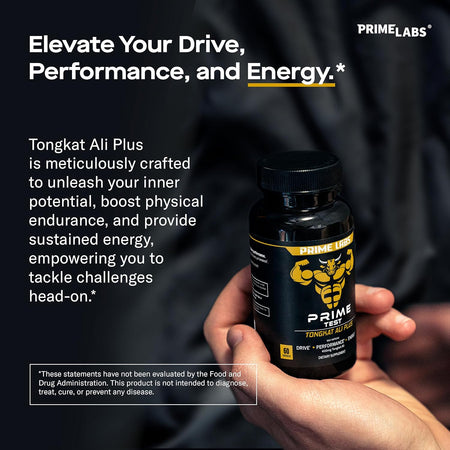 Hand holding the Prime Labs Tongkat Ali Plus bottle, graphic headline Elevate your drive, performance and energy with copy on endurance