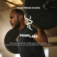 Man performing a barbell back squat in a gym under the headline Your Prime Is Now with the Prime Labs men's wellness logo