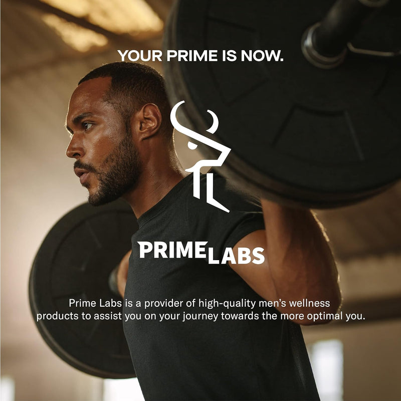 Man performing a barbell back squat in a gym under the headline Your Prime Is Now with the Prime Labs men's wellness logo