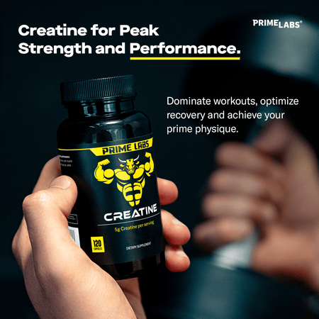 Hand holding Prime Labs Creatine bottle under the headline Creatine for Peak Strength and Performance for optimized workouts and recovery