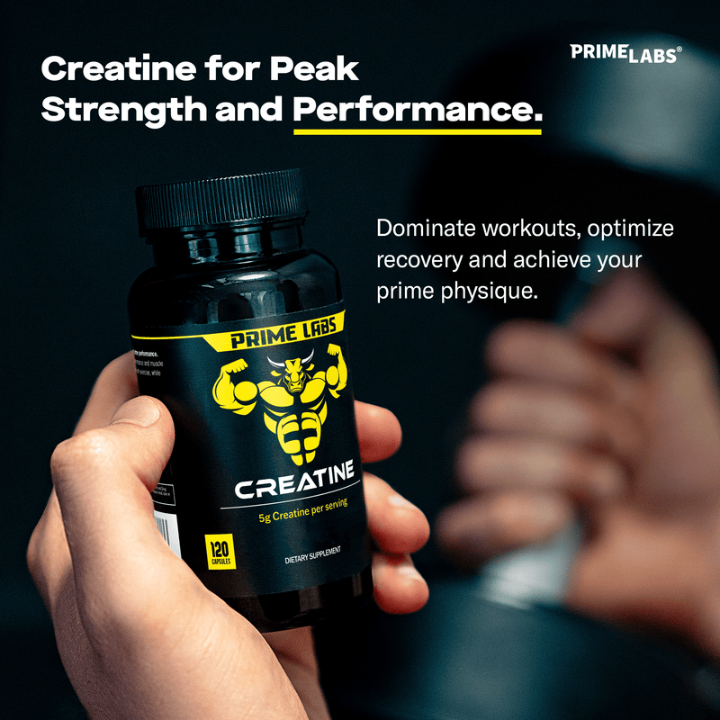 Hand holding Prime Labs Creatine bottle under the headline Creatine for Peak Strength and Performance for optimized workouts and recovery