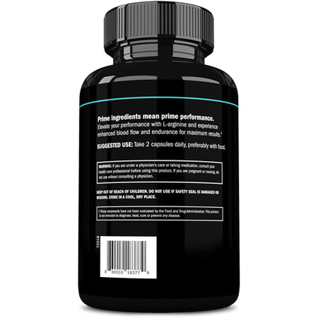 Back of the Prime Labs L-Arginine bottle with suggested use, warnings and barcode, headline Prime ingredients mean prime performance