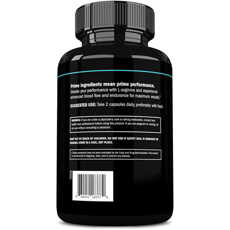 Back of the Prime Labs L-Arginine bottle with suggested use, warnings and barcode, headline Prime ingredients mean prime performance