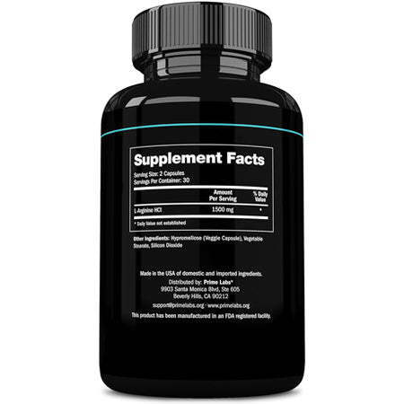 Supplement Facts panel on the back of the Prime Labs L-Arginine bottle listing 1500mg L-Arginine HCl per 2-capsule serving