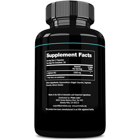 Supplement Facts panel on the back of the Prime Labs L-Arginine bottle listing 1500mg L-Arginine HCl per 2-capsule serving
